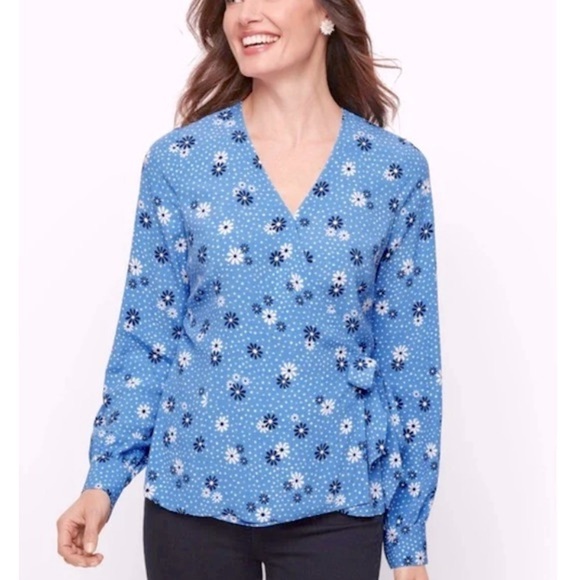 NWT Talbots Blue Poet Long Sleeve Daisy Print Faux Wrap Top Size Large - Picture 1 of 5